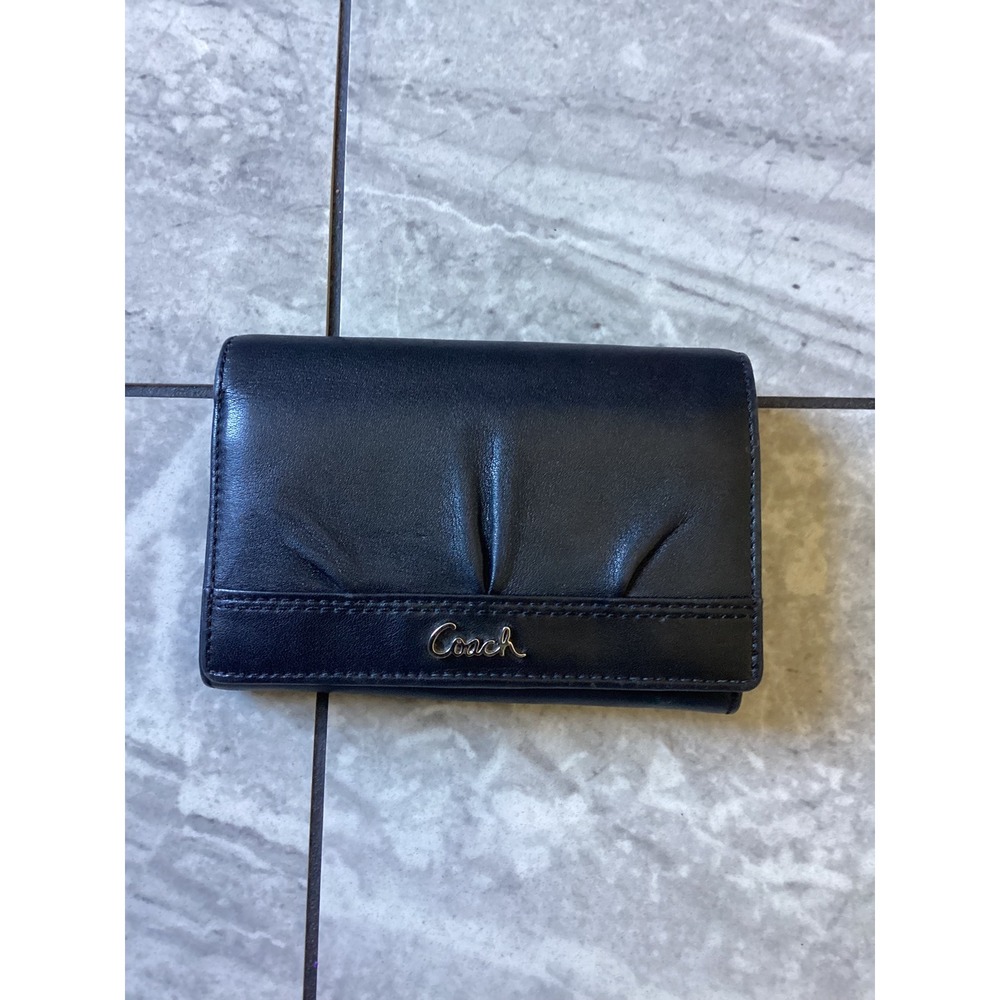 Coach Black Leather Pleated Tri-Fold Wallet Silver Script Logo Compact